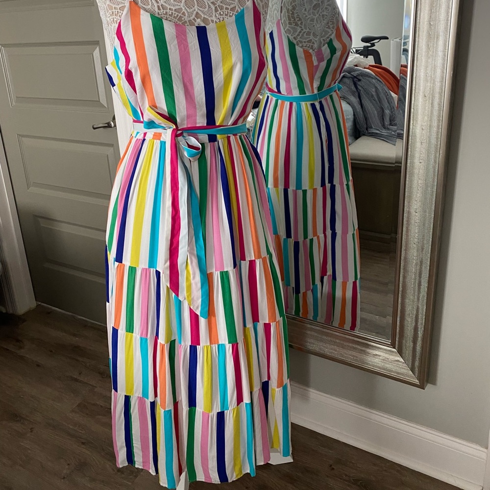 Crown & Ivy spaghetti strap midi rainbow dress. NWT